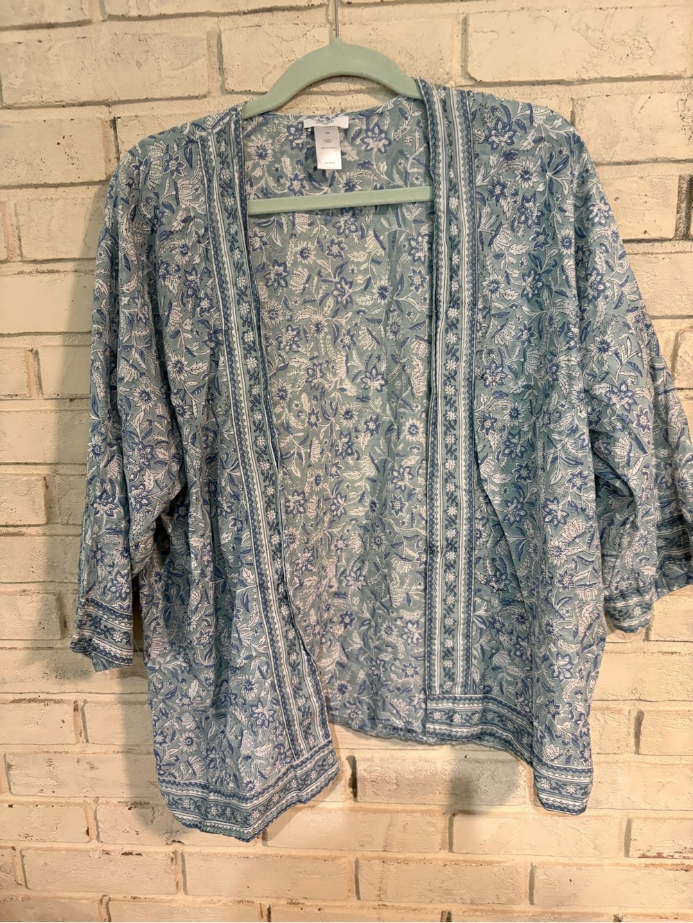 PURE JILL XSS cotton Light Blue,soft aqua & white Floral Open Kimono cover-up